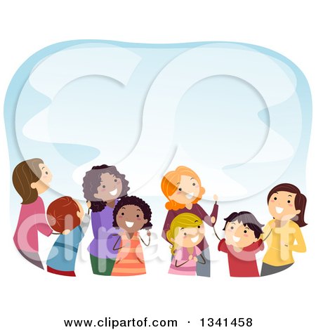 Clipart of a Group of Mothers and Children Looking Up, over Blue - Royalty Free Vector Illustration by BNP Design Studio