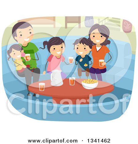 Clipart of a Happy Caucasian Family with Snaks and Drinks in a Conversation Pit - Royalty Free Vector Illustration by BNP Design Studio