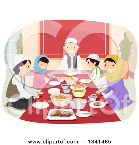 Clipart of a Happy Muslim Family Eating a Meal Together - Royalty Free Vector Illustration by BNP Design Studio