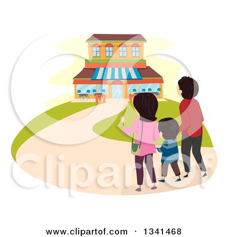 Clipart of a Rear View of a Family Walking to a Restaurant - Royalty Free Vector Illustration by BNP Design Studio