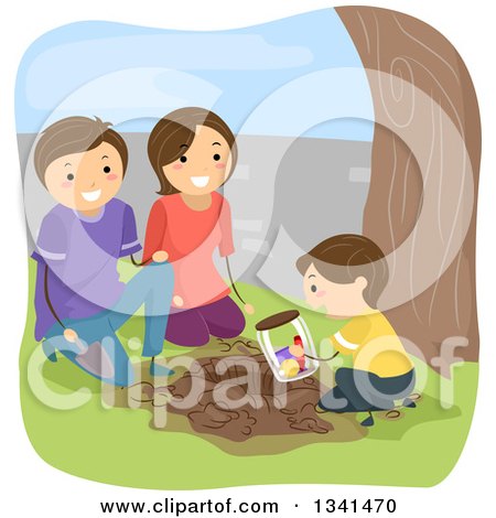 Clipart of a Caucasian Son and Parents Burying a Time Capsule in Their Yard - Royalty Free Vector Illustration by BNP Design Studio