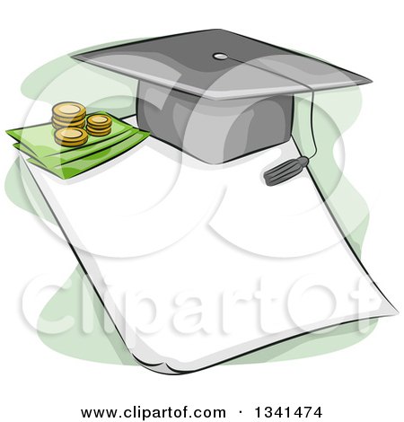 Clipart of a Sketched Student Loan Design with a Graduation Cap and Money on a Document - Royalty Free Vector Illustration by BNP Design Studio