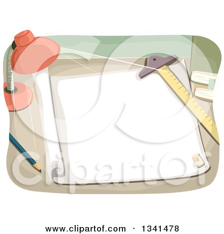 Clipart of a Desk Lamp Shining on an Architect Sheet and Drafting Tools - Royalty Free Vector Illustration by BNP Design Studio