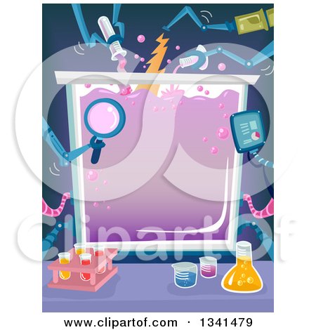 Clipart of a Container Frame with Robotic Arms Pouring Chemicals - Royalty Free Vector Illustration by BNP Design Studio