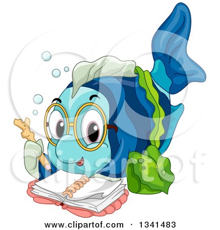 Clipart of a Cartoon Bespectacled Fish Writing in a Notebook - Royalty Free Vector Illustration by BNP Design Studio