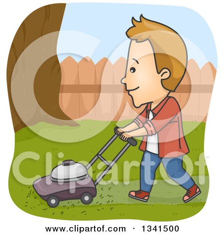 Clipart of a Cartoon White Man Mowing the Lawn in His Yard - Royalty Free Vector Illustration by BNP Design Studio
