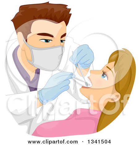 Clipart of a White Male Dentist Working on a Female's Mouth - Royalty Free Vector Illustration by BNP Design Studio