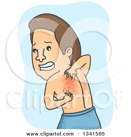 Clipart of a Cartoon Brunette White Man Trying to Itch an Allergy Rash on His Back - Royalty Free Vector Illustration by BNP Design Studio