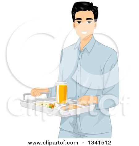 Clipart of a Young Asian Man in Pajamas, Carrying a Breakfast Tray - Royalty Free Vector Illustration by BNP Design Studio