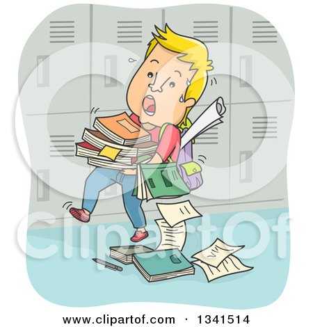 Clipart of a Cartoon White Male Teenager Struggling with a Stack of Books by His Locker - Royalty Free Vector Illustration by BNP Design Studio