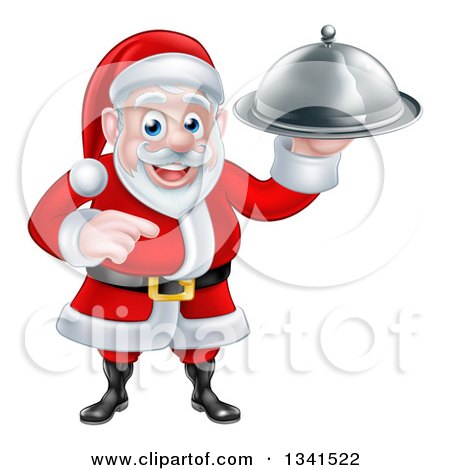 Clipart of a Happy Christmas Santa Claus Chef Holding a Silver Cloche Platter and Pointing - Royalty Free Vector Illustration by AtStockIllustration