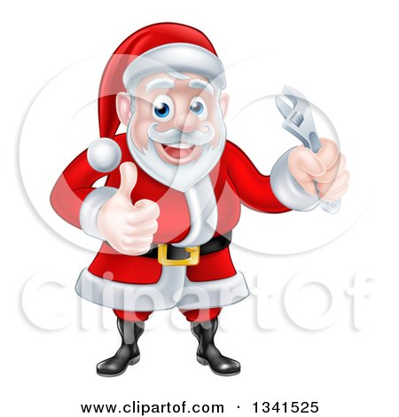 Clipart of a Happy Christmas Santa Claus Holding an Adjustable Wrench and Giving a Thumb up - Royalty Free Vector Illustration by AtStockIllustration