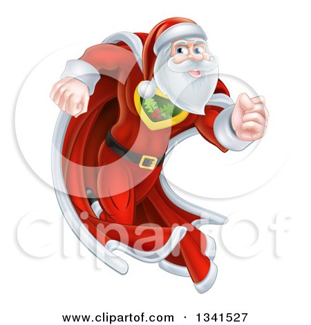 Clipart of a Super Hero Santa Claus Running in a Christmas Suit and Cape - Royalty Free Vector Illustration by AtStockIllustration