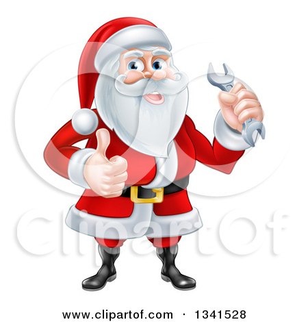 Clipart of a Happy Christmas Santa Claus Holding a Wrench and Giving a Thumb up - Royalty Free Vector Illustration by AtStockIllustration