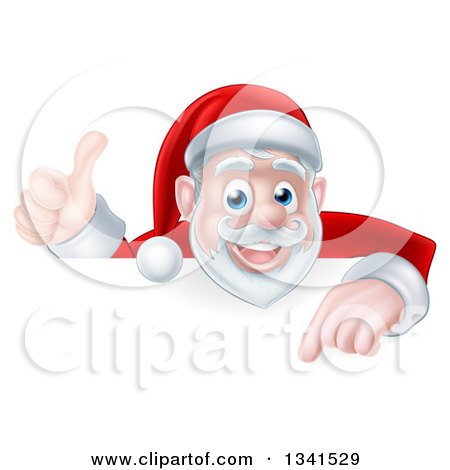 Clipart of a Cartoon Christmas Santa Claus Pointing down over a Sign and Giving a Thumb up - Royalty Free Vector Illustration by AtStockIllustration