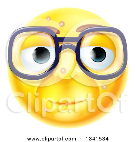 Clipart of a 3d Blemished Yellow Smiley Emoji Emoticon Face Wearing Glasses - Royalty Free Vector Illustration by AtStockIllustration