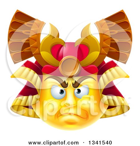 Clipart of a 3d Yellow Smiley Emoji Emoticon Face in a Samurai Warrior Helmet - Royalty Free Vector Illustration by AtStockIllustration