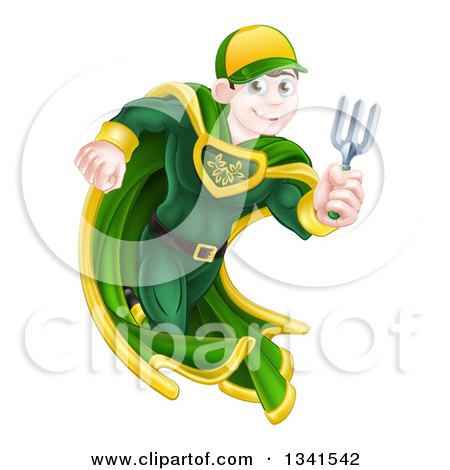 Clipart of a Young Brunette Caucasian Male Super Hero Running with a Garden Fork or Hand Rake - Royalty Free Vector Illustration by AtStockIllustration