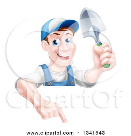 Clipart of a Happy Middle Aged Brunette White Male Gardener in Blue, Holding up a Shovel and Pointing down over a Sign - Royalty Free Vector Illustration by AtStockIllustration