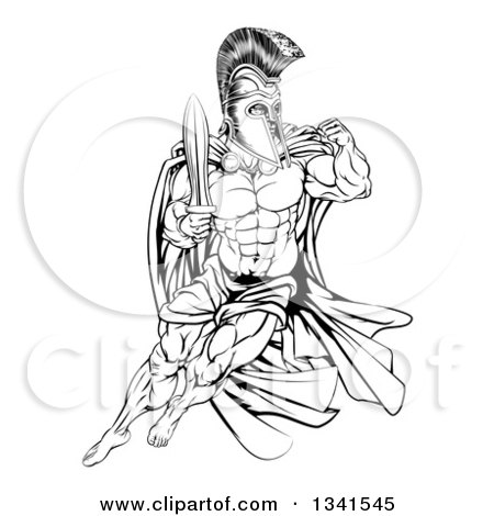 Clipart of a Black and White Muscular Gladiator Man in a Helmet Fighting with a Sword and Holding up a Fist - Royalty Free Vector Illustration by AtStockIllustration