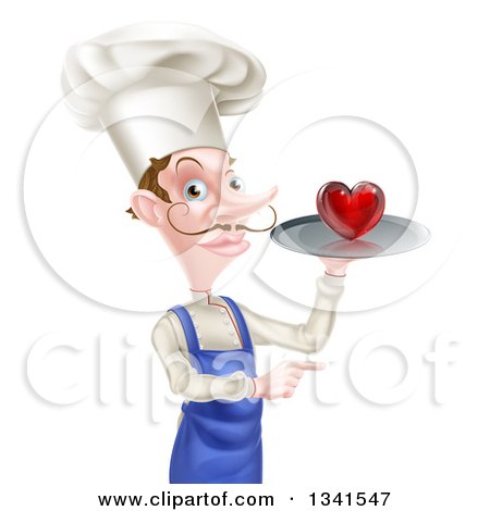 Clipart of a White Male Chef with a Curling Mustache, Holding a Heart on a Tray and Pointing - Royalty Free Vector Illustration by AtStockIllustration