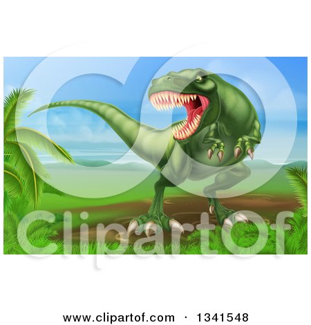 Clipart of a 3d Green Vicious Tyrannosaurus Rex Dinosaur Roaring in a Landscape - Royalty Free Vector Illustration by AtStockIllustration
