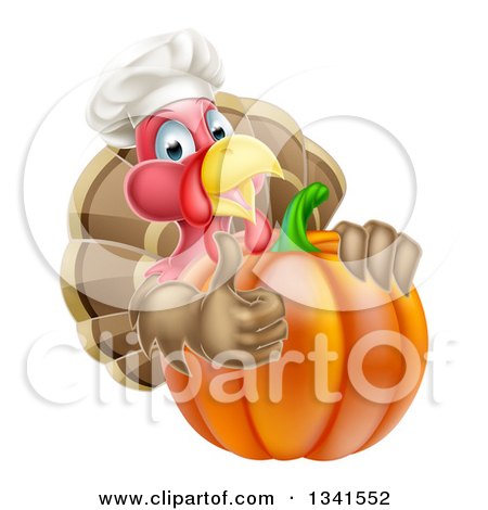 Clipart of a Turkey Bird Chef Holding a Thumb up Around a Thanksgiving Pumpkin - Royalty Free Vector Illustration by AtStockIllustration