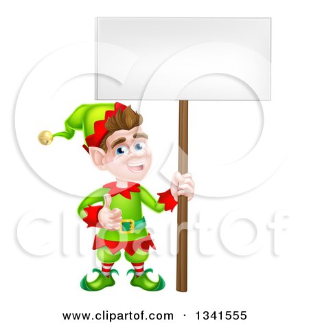 Clipart of a Cartoon Happy Male Christmas Elf Giving a Thumb up and Holding a Blank Sign - Royalty Free Vector Illustration by AtStockIllustration