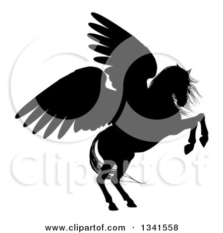 Clipart of a Black Silhouette of a Rearing Winged Pegasus Horse 2 - Royalty Free Vector Illustration by AtStockIllustration
