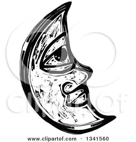 Clipart of a Black and White Woodcut Styled Crescent Moon Face - Royalty Free Vector Illustration by Prawny