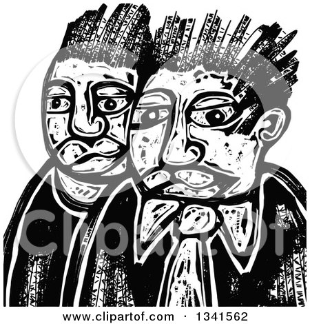 Clipart of a Black and White Woodcut Styled Men with Mustaches - Royalty Free Vector Illustration by Prawny