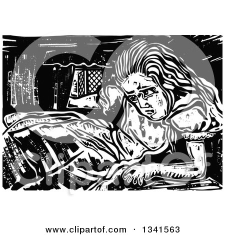 Clipart of a Black and White Woodcut Styled Giant Alice in a House - Royalty Free Vector Illustration by Prawny
