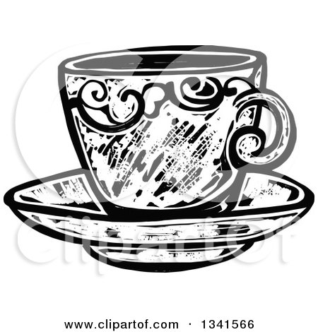 Clipart of a Black and White Woodcut Styled Tea Cup on a Saucer - Royalty Free Vector Illustration by Prawny