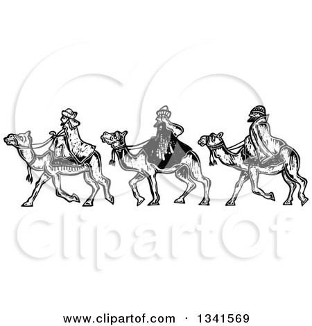 Clipart of Black and White Woodcut Styled Wise Men on Camels - Royalty Free Vector Illustration by Prawny