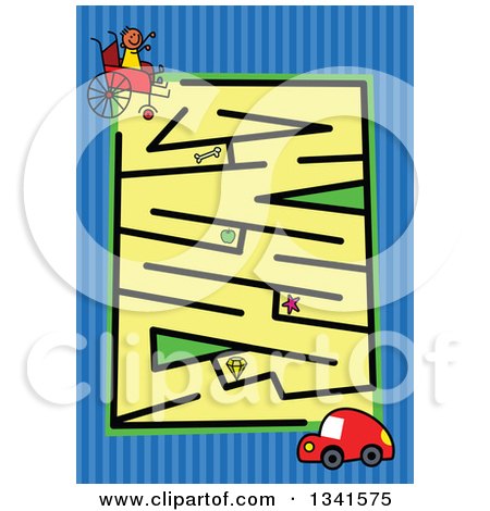 Clipart of a Stick Boy in a Wheelchair and Car Toddler Puzzle Maze over Blue Stripes - Royalty Free Vector Illustration by Prawny