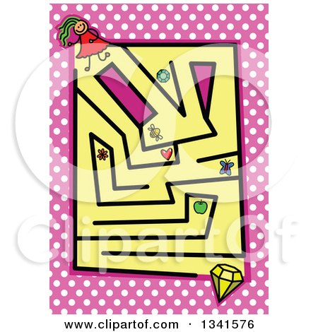 Clipart of a Stick Girl and Diamond Toddler Puzzle Maze over Polka Dots - Royalty Free Vector Illustration by Prawny