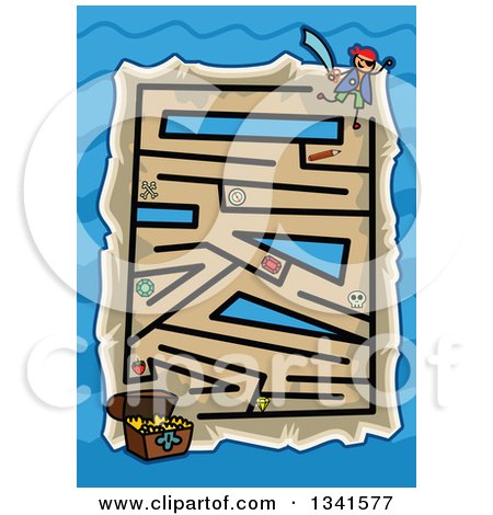 Clipart of a Stick Boy Pirate and Treasure Chest Toddler Puzzle Maze over Blue Waves - Royalty Free Vector Illustration by Prawny