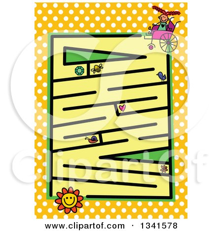 Clipart of a Stick Girl in a Wheelchair and Flower Toddler Puzzle Maze over Polka Dots - Royalty Free Vector Illustration by Prawny