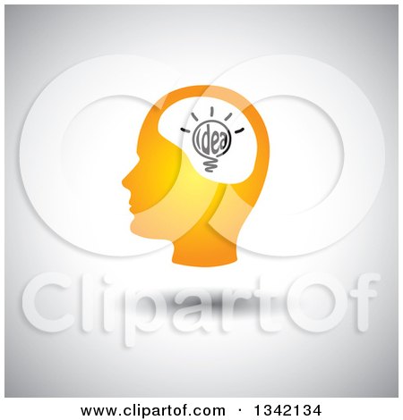 Clipart of a Gradient Orange Human Head Silhouette with a Shining Light Bulb over Shading - Royalty Free Vector Illustration by ColorMagic