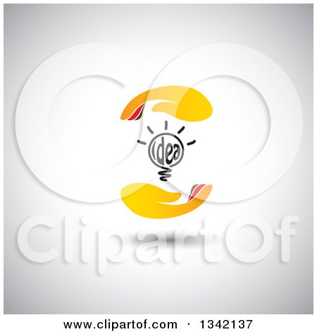 Clipart of a Shining Idea Text Light Bulb Between Hands over Shading - Royalty Free Vector Illustration by ColorMagic