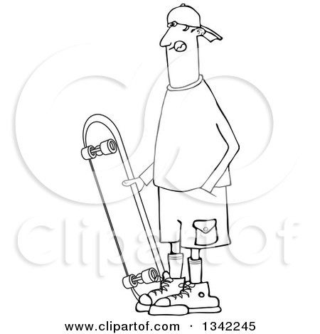 Lineart Clipart of a Cartoon Black and White Man Standing with a Skateboard - Royalty Free Outline Vector Illustration by djart