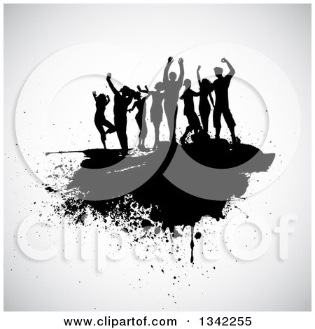 Clipart of a Group of Black Silhouetted Dancers on a Grunge Splatter over off White - Royalty Free Vector Illustration by KJ Pargeter