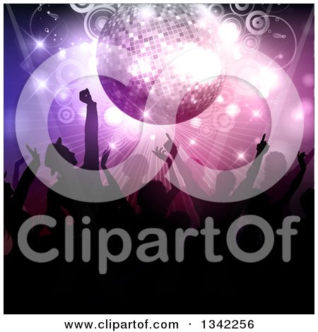 Clipart of a Crowd of Silhouetted Dancers Under a Pink and Purple Disco Ball Circles and Lights - Royalty Free Vector Illustration by KJ Pargeter