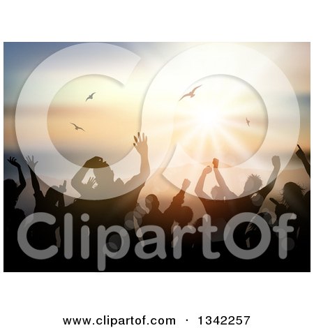 Clipart of a Silhouetted Crowd Dancing over an Ocean Sunset with Seagulls - Royalty Free Vector Illustration by KJ Pargeter