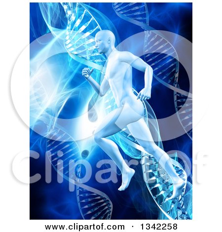 Clipart of a 3d Medical Anatomical Man Sprinting over a Blue Light and DNA Strand Background - Royalty Free Illustration by KJ Pargeter