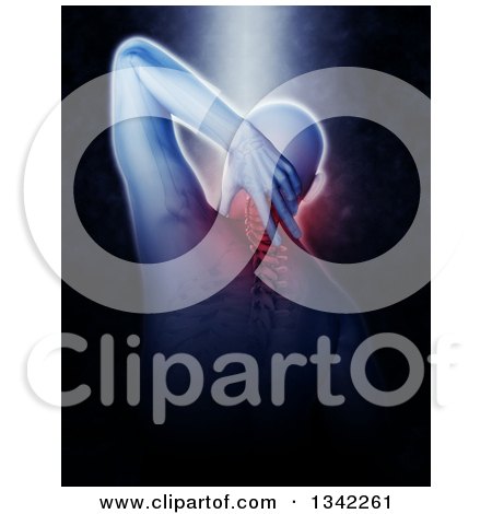 Clipart of a 3d Rear View of a Medical Anatomical Male Reaching Back, with Visible Muscles, on Black with Light Shining down - Royalty Free Illustration by KJ Pargeter