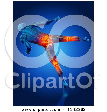 Clipart of a 3d Blue Anatomical Man Kicking, with Visible Muscles, Skeleton, Glowing Back and Knee Pain, on Blue - Royalty Free Illustration by KJ Pargeter