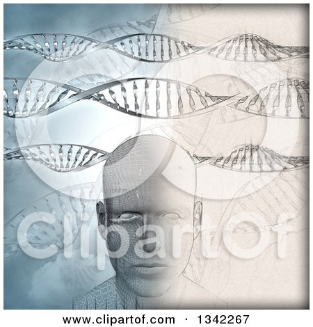 Clipart of a Partial Sketched, Partial 3d Virtual Man's Face and DNA Strands - Royalty Free Illustration by KJ Pargeter