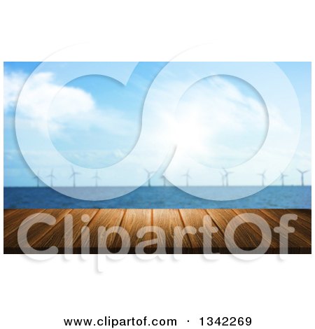 Clipart of a 3d Wood Table with a Blurred View of a Wind Farm in the Ocean - Royalty Free Illustration by KJ Pargeter