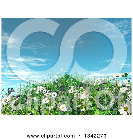 Clipart of a 3d Grassy Hill with Daisies and Grass Against Blue Sky - Royalty Free Illustration by KJ Pargeter